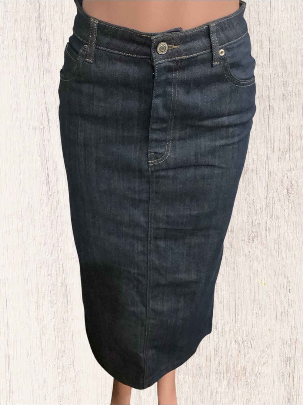 Zara NWOT Dark Blue Denim Midi Skirt Back Slit size Medium
